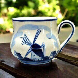 DELFT BLUE Coffee Mug Cup DAIC Windmill Dutch Flowers Hand Painted Vintage